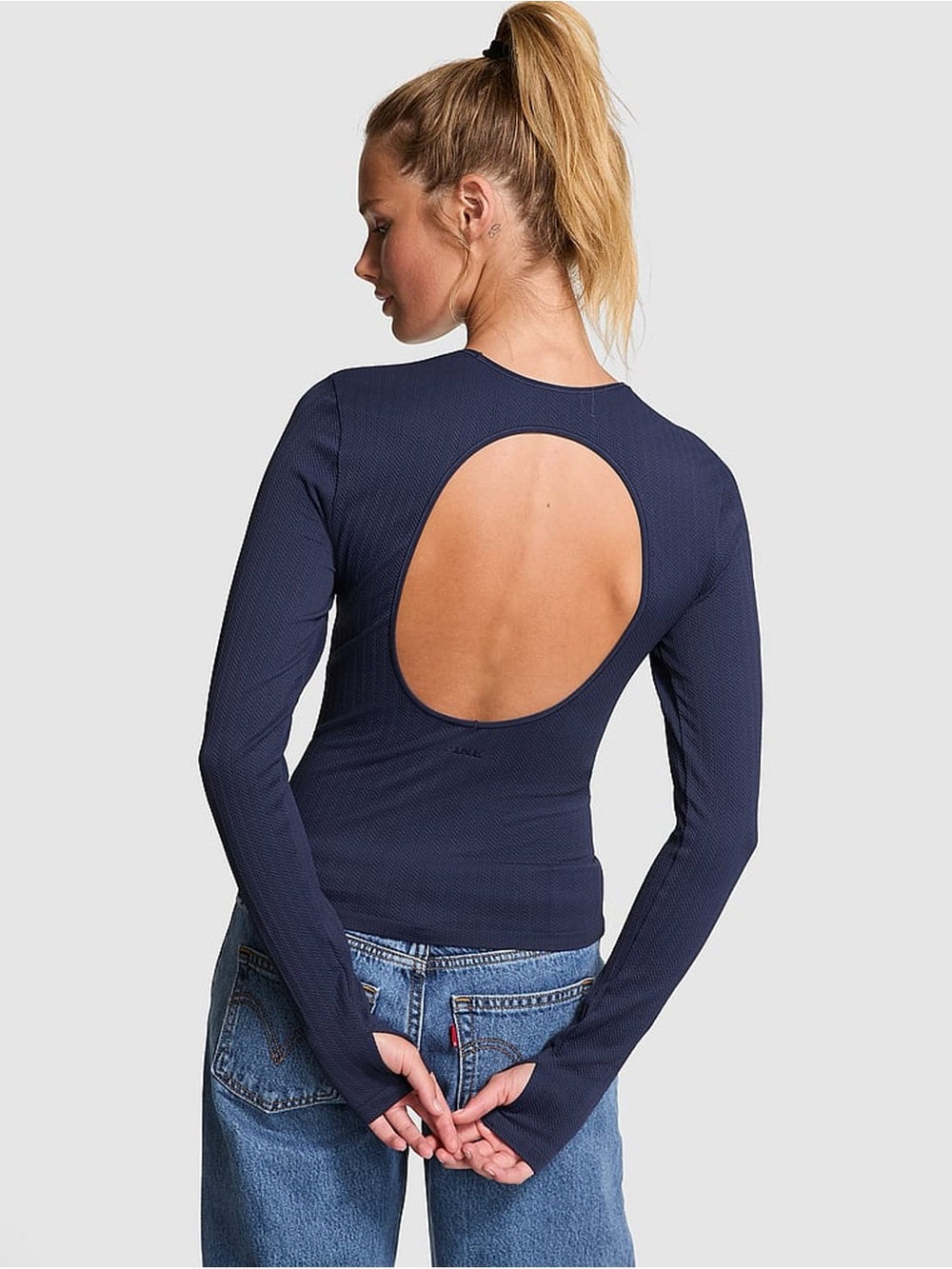 PINK Victoria’s Secret Seamless Cable Knit Long Sleeve Top Navy XXL Athleisure